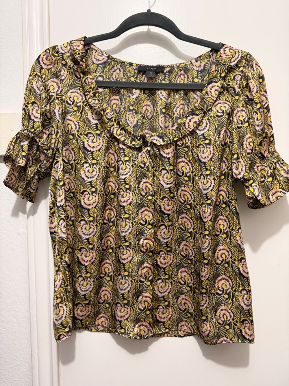 J. Crew Satin Pink, Yellow & Black Floral Paisley Ruffle Neck Top